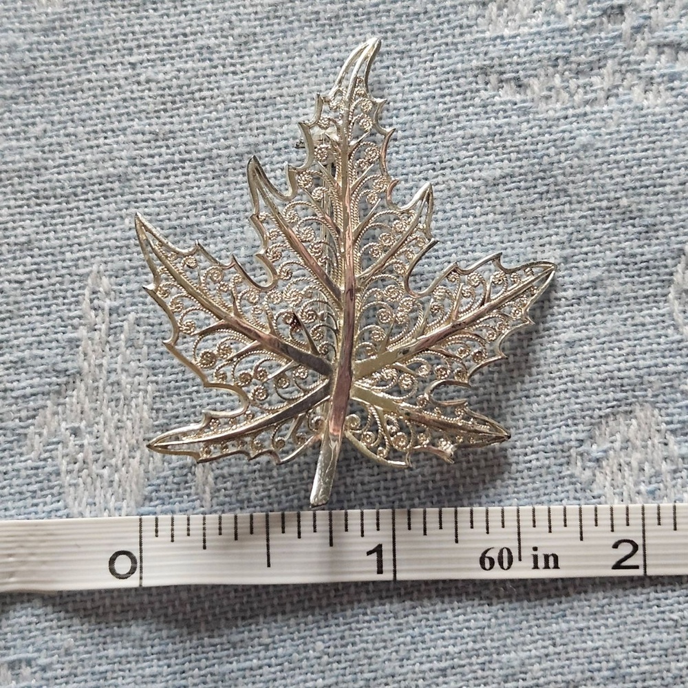 Maple Leaf Brooch Sterling Silver Filigree Pin Back Germany Vintage
